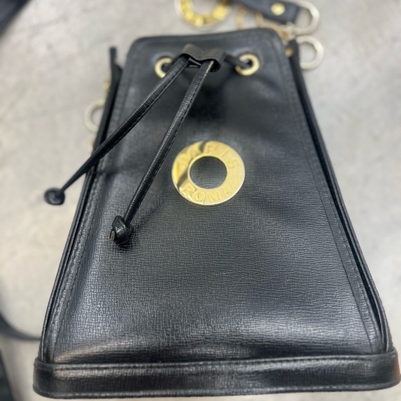Small Black Crossbody Bag with Gold Accents and Drawstring Closure - Picture 10 of 13